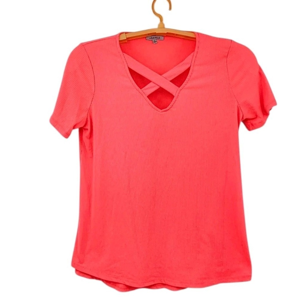 White Birch Coral Pink Criss-Cross V-Neck Ribbed Short Sleeve Top - Size L